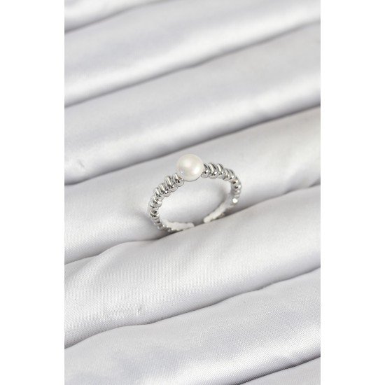 Pirinç Gümüş Renk Göbek İnci Model Kadın Yüzük