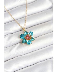 316L Çelik Zincirli Mavi Çiçek Model Kadın Kolye