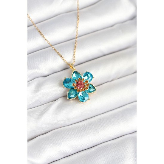 316L Çelik Zincirli Mavi Çiçek Model Kadın Kolye