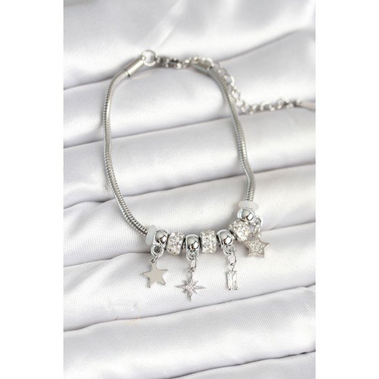 Pirinç Gümüş Renk Kutup Yıldızı Charmlı Kadın Bileklik Pirinç Gümüş Renk Kutup Yıldızı Charmlı Kadın Bileklik