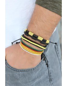 Sarı Renk Zımbalı Deri Erkek Bileklik Kombini