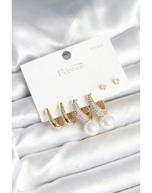 Pirinç Gold Renk Zirkon Taşlı İnci Detaylı 925 Ayar Gümüş Çivili Kadın Küpe Seti