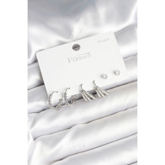 Pirinç Gümüş Renk Zirkon Taşlı 925 Gümüş Çivili Kadın Küpe Seti