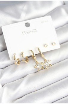 Pirinç Gold Renk Yıldız Model 925 Gümüş Çivili Kadın Küpe Seti