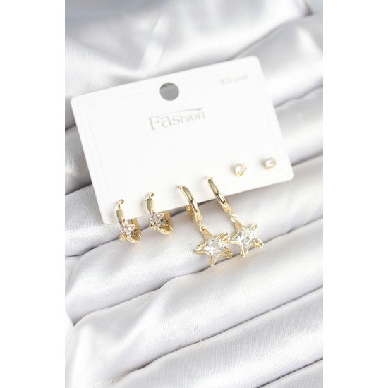 Pirinç Gold Renk Yıldız Model 925 Gümüş Çivili Kadın Küpe Seti Pirinç Gold Renk Yıldız Model 925 Gümüş Çivili Kadın Küpe Seti