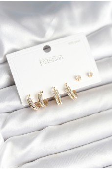 Pirinç Gold Renk Zirkon Taşlı 925 Gümüş Çivili Kadın Küpe Seti