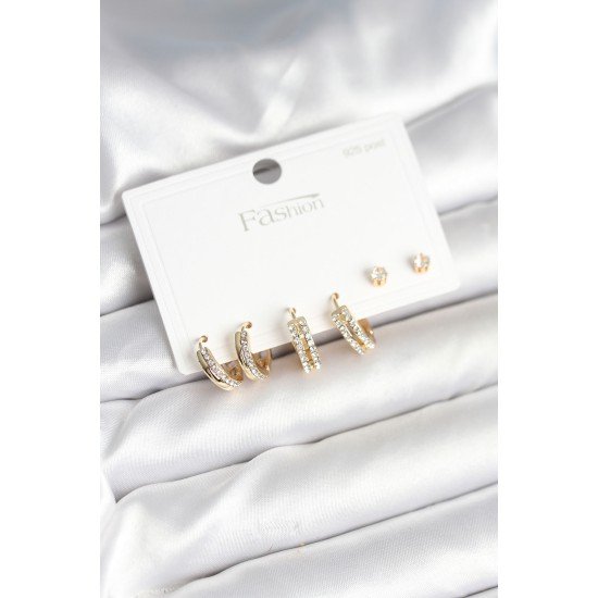 Pirinç Gold Renk Zirkon Taşlı 925 Gümüş Çivili Kadın Küpe Seti Pirinç Gold Renk Zirkon Taşlı 925 Gümüş Çivili Kadın Küpe Seti