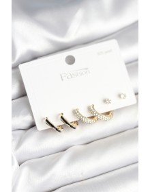 Gold Renk Pirinç Zirkon Taşlı 925 Ayar Gümüş Çivili Kadın Küpe Seti