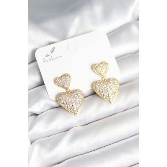 Kalp Model Zirkon Taşlı Gold Renk Pirinç Kadın Küpe Kalp Model Zirkon Taşlı Gold Renk Pirinç Kadın Küpe