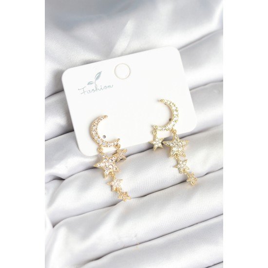Ay ve Yıldız Model Gold Renk Pirinç Kadın Küpe