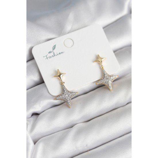 Kutup Yıldızı Pirinç Gold Renk Zirkon Taşlı Kadın Küpe