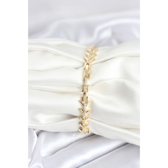 Pirinç Gold Renk Balık Sırtı Model Zirkon Taşlı Kadın Bileklik