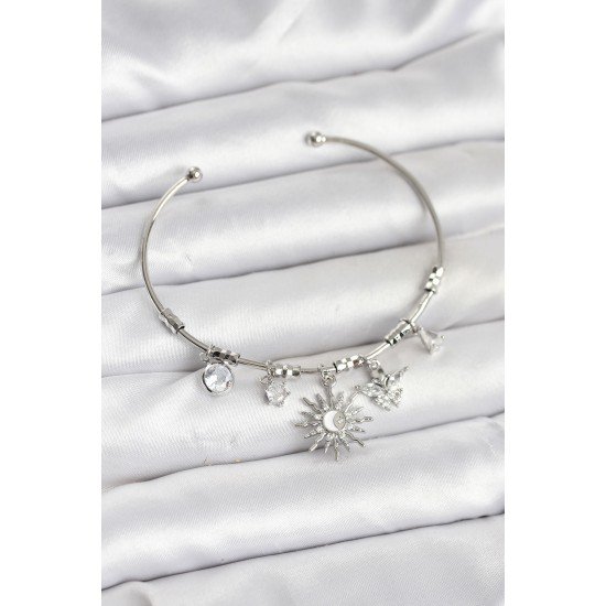 Güneş Charmlı Gümüş Renk Pirinç Kadın Bileklik