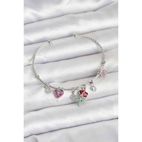 Gül Charmlı Gümüş Renk Pirinç Kadın Bileklik Gül Charmlı Gümüş Renk Pirinç Kadın Bileklik