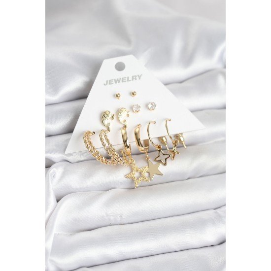 Gold Renk Yıldızlı Set 6 Çift Kadın Küpe Seti