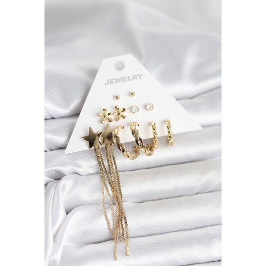 Pirinç Gold Renk 6 Çift Kadın Küpe Seti Pirinç Gold Renk 6 Çift Kadın Küpe Seti