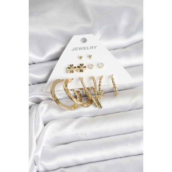 Pirinç Gold Renk 6 Çift Kadın Küpe Seti Pirinç Gold Renk 6 Çift Kadın Küpe Seti