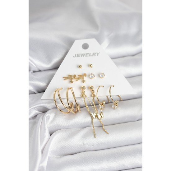 Pirinç Gold Renk 6 Çiftli Kadın Küpe Seti