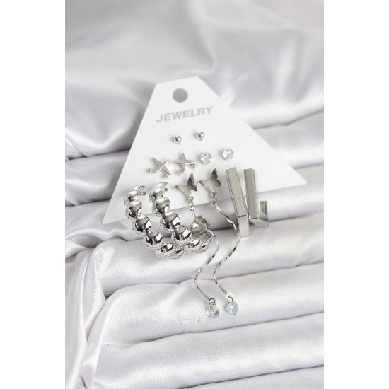 Gümüş Renk Pirinç 6'lı Kadın Küpe Seti Gümüş Renk Pirinç 6'lı Kadın Küpe Seti