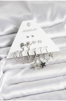 Pirinç Gümüş Renk 6'lı Kadın Küpe Seti