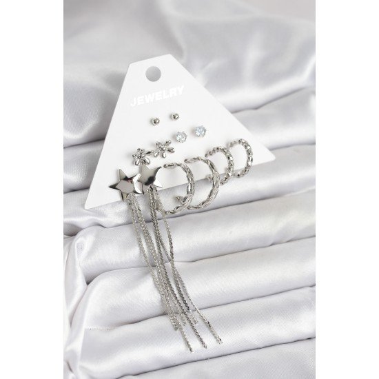 Gümüş Renk Pirinç 6 Çift Kadın Küpe Seti Gümüş Renk Pirinç 6 Çift Kadın Küpe Seti