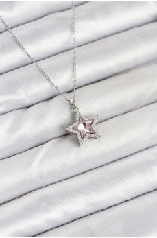 316L Çelik Zincir Gümüş Renk Pembe Taşlı Yıldız Model Kadın Kolye