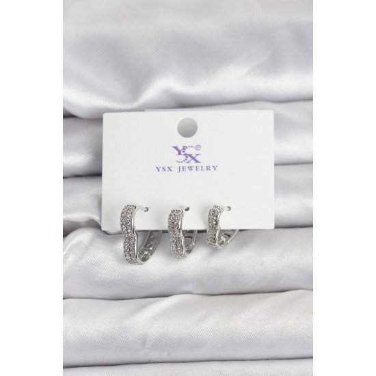 Gümüş Renk Pirinç Zirkon Taşlı Kalpli Kadın Küpe