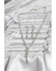 Gümüş Renk Baget Zirkon Taşlı Kadın Kolye Küpe Set