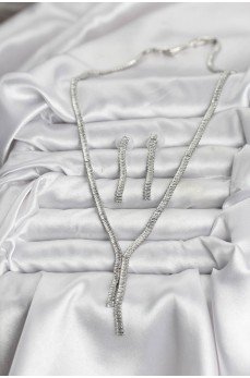 Gümüş Renk Baget Zirkon Taşlı Kadın Kolye Küpe Set