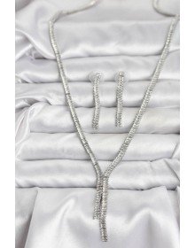 Gümüş Renk Baget Zirkon Taşlı Kadın Kolye Küpe Set