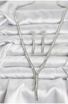 Gümüş Renk Baget Zirkon Taşlı Kadın Kolye Küpe Set