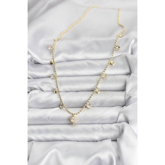 Zirkon Taşlı Kutup Yıldızı Model Pirinç Gold Renk Kadın Kolye