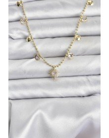 Zirkon Taşlı Kutup Yıldızı Model Pirinç Gold Renk Kadın Kolye