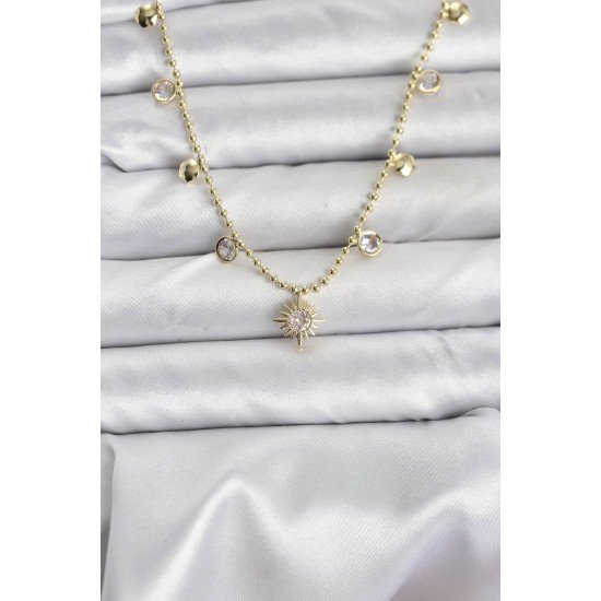 Zirkon Taşlı Kutup Yıldızı Model Pirinç Gold Renk Kadın Kolye