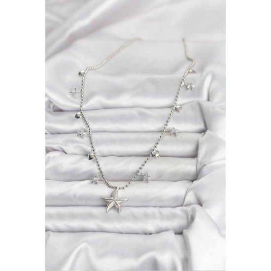 Pirinç Gümüş Renk Zirkon Taşlı Deniz Yıldızı Model Kadın Kolye Pirinç Gümüş Renk Zirkon Taşlı Deniz Yıldızı Model Kadın Kolye