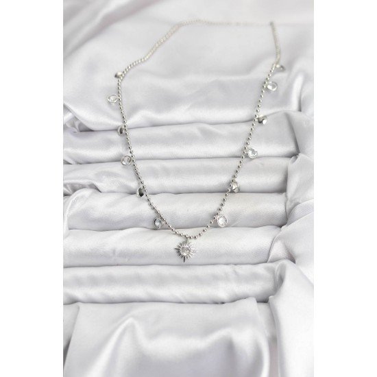 Zirkon Taşlı Kutup Yıldızı Model Pirinç Gümüş Renk Kadın Kolye Zirkon Taşlı Kutup Yıldızı Model Pirinç Gümüş Renk Kadın Kolye