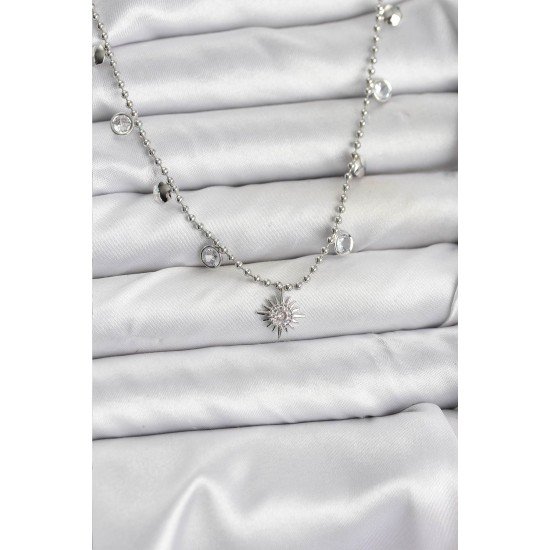 Zirkon Taşlı Kutup Yıldızı Model Pirinç Gümüş Renk Kadın Kolye Zirkon Taşlı Kutup Yıldızı Model Pirinç Gümüş Renk Kadın Kolye