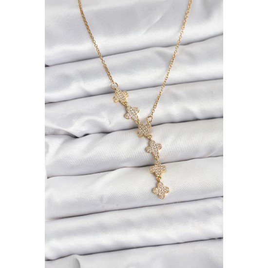 316L Çelik Zincir Gold Renk Yonca Model Kadın Kolye