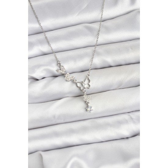 316L Çelik Zincir Gümüş Renk Kelebek Model Kadın Kolye