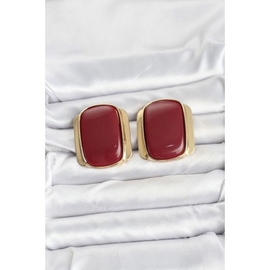 Pirinç Gold Renk Bordo Plaka Vintage Kadın Küpe