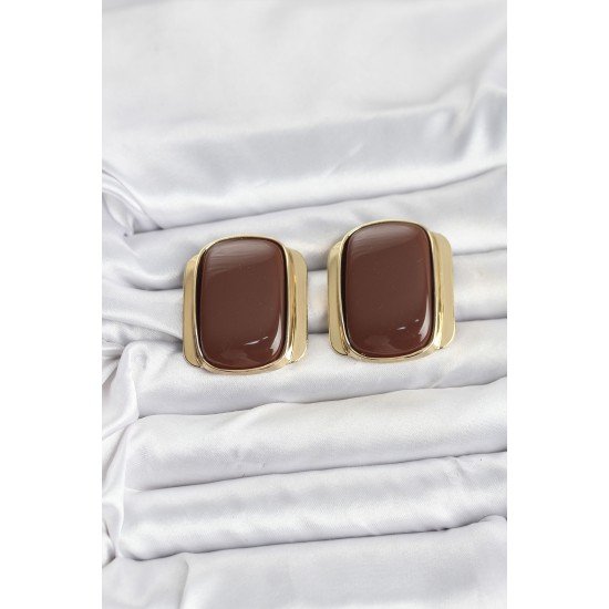 Pirinç Gold Renk Kahverengi Plaka Vintage Kadın Küpe