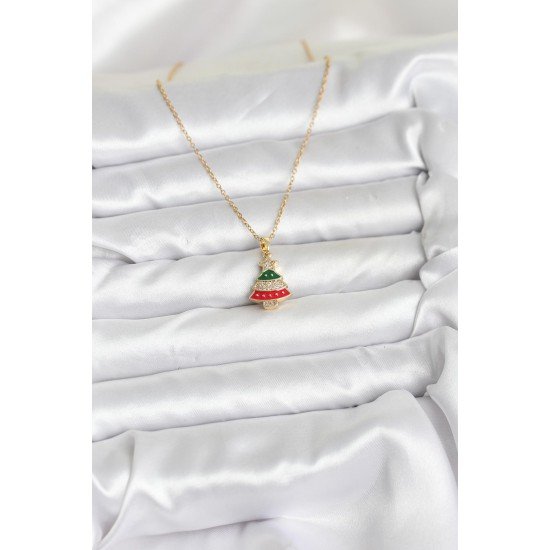 316L Çelik Zincir Gold Ren Çam Ağacı Model Zirkon Taşlı Yılbaşı Temalı Kadın Kolye