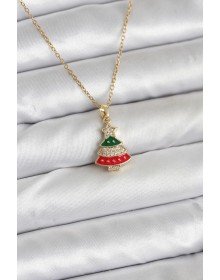 316L Çelik Zincir Gold Ren Çam Ağacı Model Zirkon Taşlı Yılbaşı Temalı Kadın Kolye