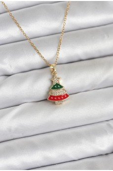 316L Çelik Zincir Gold Ren Çam Ağacı Model Zirkon Taşlı Yılbaşı Temalı Kadın Kolye