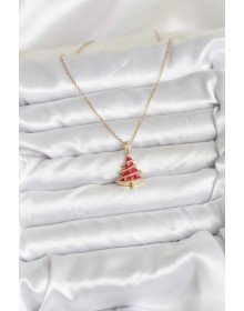 316L Çelik Zincir Gold Renk Kırmızı Çam Ağacı Model Yılbaşı Temalı Kadın Kolye