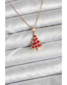 316L Çelik Zincir Gold Renk Kırmızı Çam Ağacı Model Yılbaşı Temalı Kadın Kolye