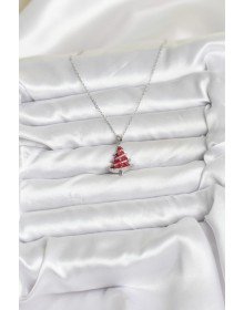 316L Çelik Zincir Gümüş Renk Kırmızı Çam Ağacı Model Yılbaşı Temalı Kadın Kolye