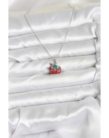 316L Çelik Zincir Gümüş Renk Kızak ve Çam Ağacı Figürlü Yılbaşı Temalı Kadın Kolye