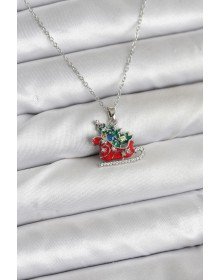 316L Çelik Zincir Gümüş Renk Kızak ve Çam Ağacı Figürlü Yılbaşı Temalı Kadın Kolye