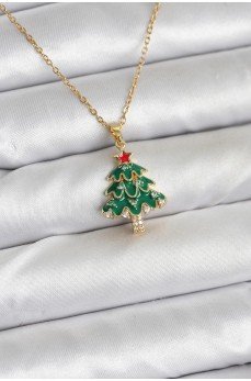 316L Çelik Zincir Gold Renk Çam Ağacı Model Yılbaşı Temalı Kadın Kolye